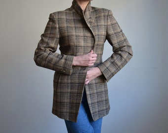 90s Etienne Aigner checkered blazer, brown beige black check pattern blazer, wool silk blend jacket, designer blazer, 10 UK, Made in Germany