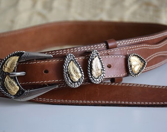 ceinture en cuir occidental vintage des années 80, ceinture en cuir brun clair avec pointe métallique, cow-boy/cow-girl, ceinture en cuir boho, ceinture de feuilles d’or, 75 cm