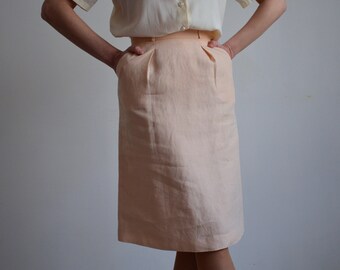 Vintage 80s Max Mara linen skirt, powder pink / beige pink high waist straight skirt, 26 inch waist skirt, secretary style, S/M