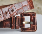 Vintage 80s brown leather belt, stamped leather belt, large belt, high waist leather belt, chunky 80s leather belt