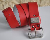 Vintage 90s red leather belt, genuine leather belt, silver metal belt buckle, hipster belt, jeans belt, 85 cm 35 inches