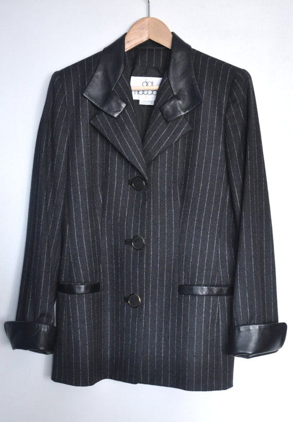 Vintage 90s GAI MATTIOLO Wool Blazer Gray and Black Striped Jacket Leather Collar 90s Office Jacket Designer Hipster 90s Blazer L Etsy Ireland