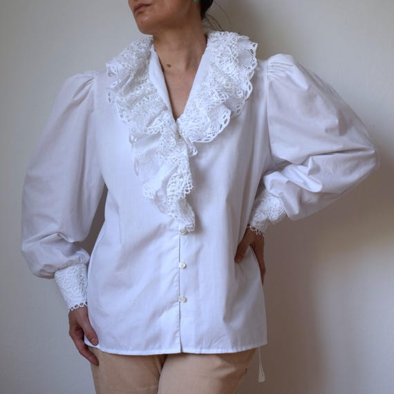 90s Austrian Folk Blouse: Ruffle Lace Collar, Cottagecore Dirndl
