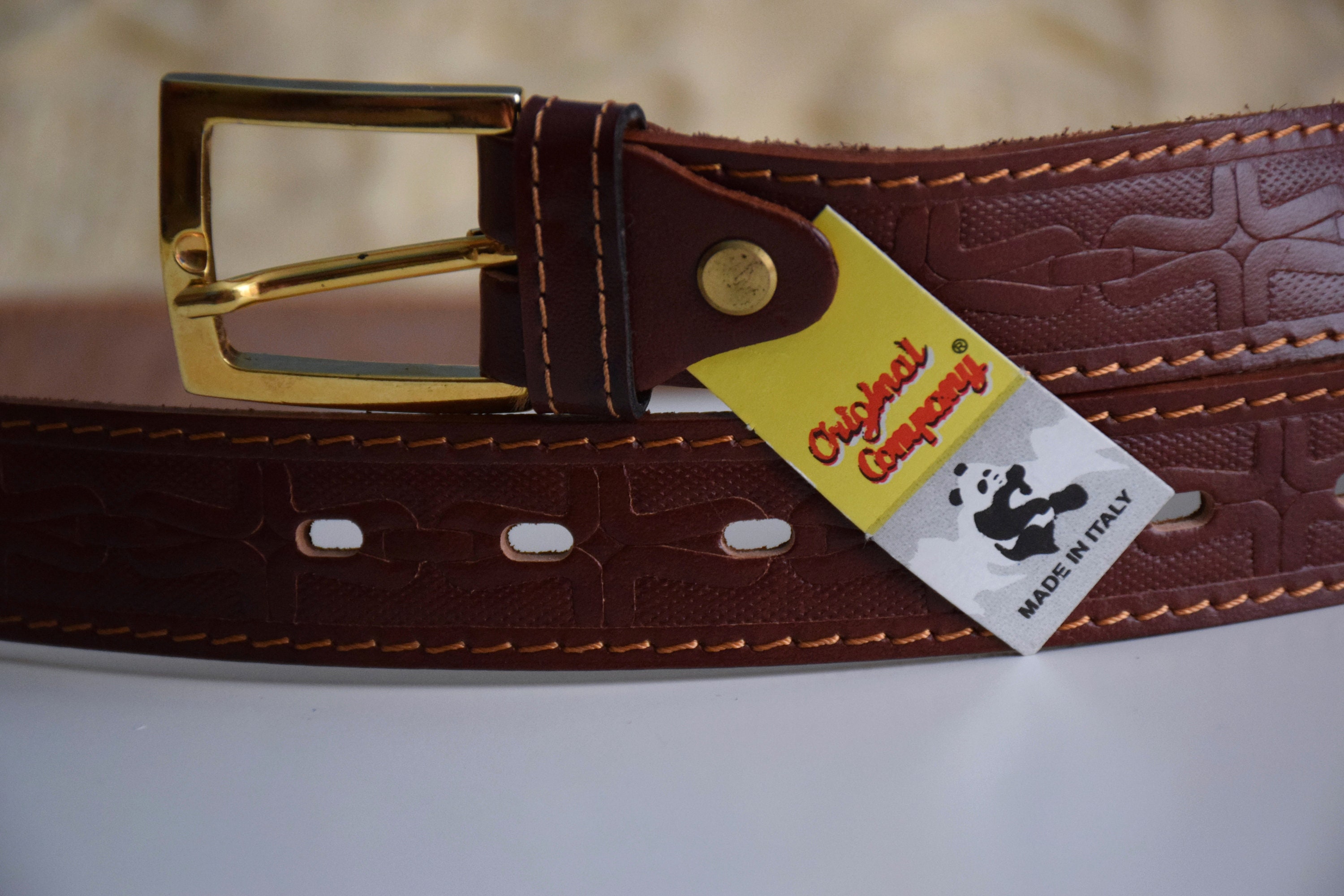 Vintage 90s Stamped Italian Leather Belt: Brown With Gold 