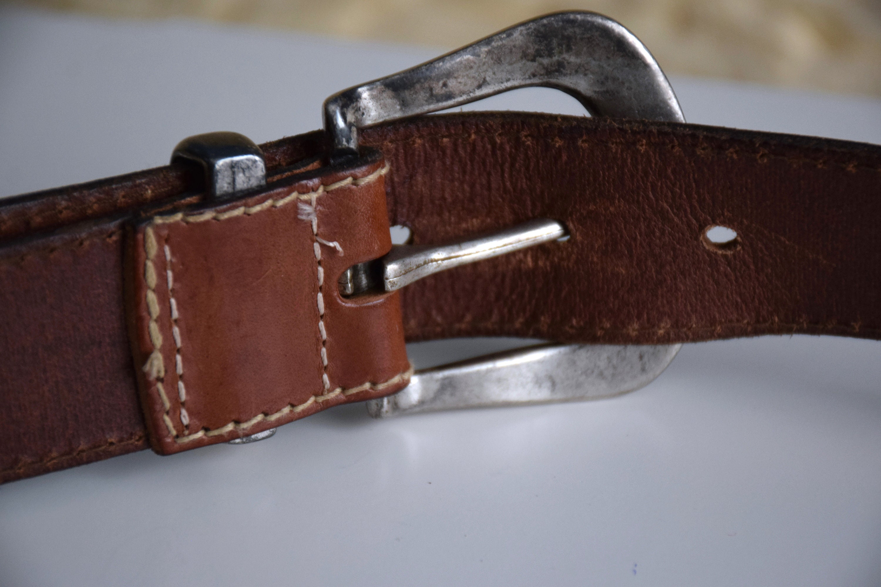 Vintage 90’s Another Line Inc. Brown Leather Belt Western Square Silver Buckle Buy Tan Brown Leather Western Belt With Silver Buckle - Capo main image 4