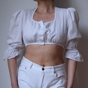Vintage 90s puff sleeve dirndl blouse, linen folk blouse, crop dirndl top, romatic cottage core blouse, lolita style, Oktoberfest, M