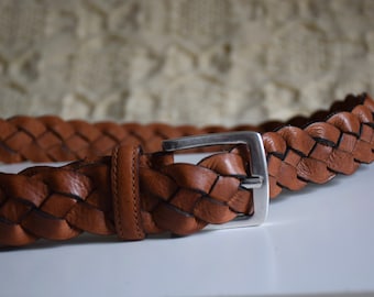 Vintage Brown Woven Leather Belt: Silver Buckle, 85cm - Etsy display picture 1