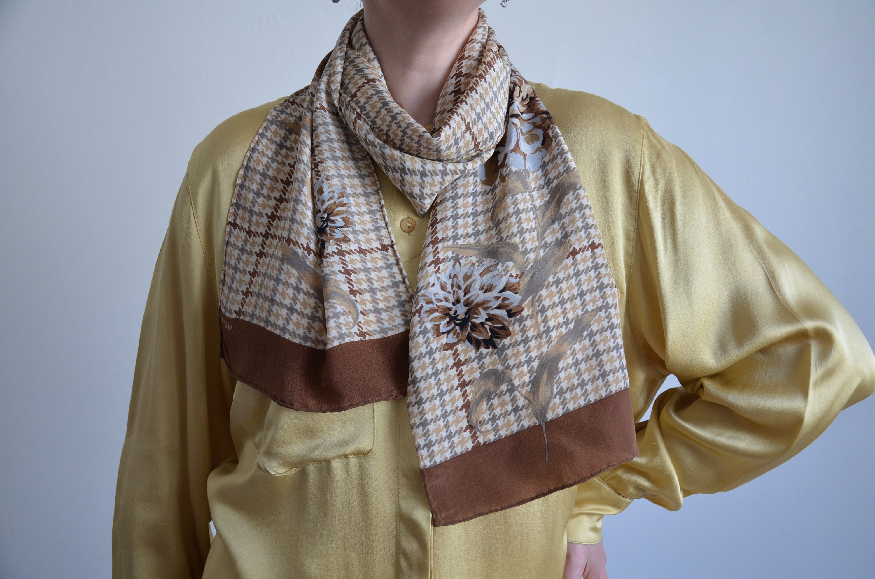 Vintage MEXX Silk Scarf: Brown Houndstooth Floral Print - Etsy