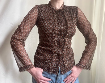 Vintage Y2K sheer mesh print blouse, tie neck boho blouse, paisley pattern mesh blouse, ruffled collar blouse, M