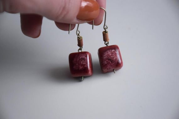 Vintage 80s cherry red glazed ceramic square dang… - image 1