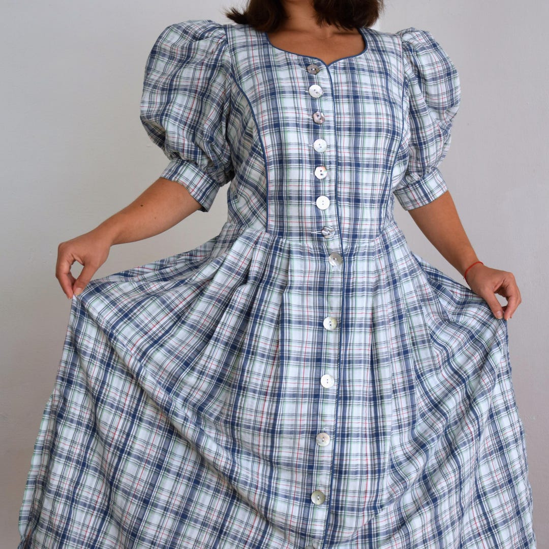 Austrian Patterns Retro 90s Austrian Folk Check Pattern Dress With Short Puff Sleeves, Peasant ...