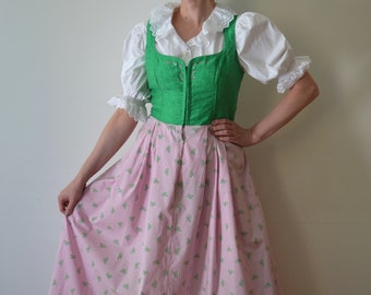 Vintage 90s Austrian Folk Dress: Green & Pink Dirndl (38 DE)