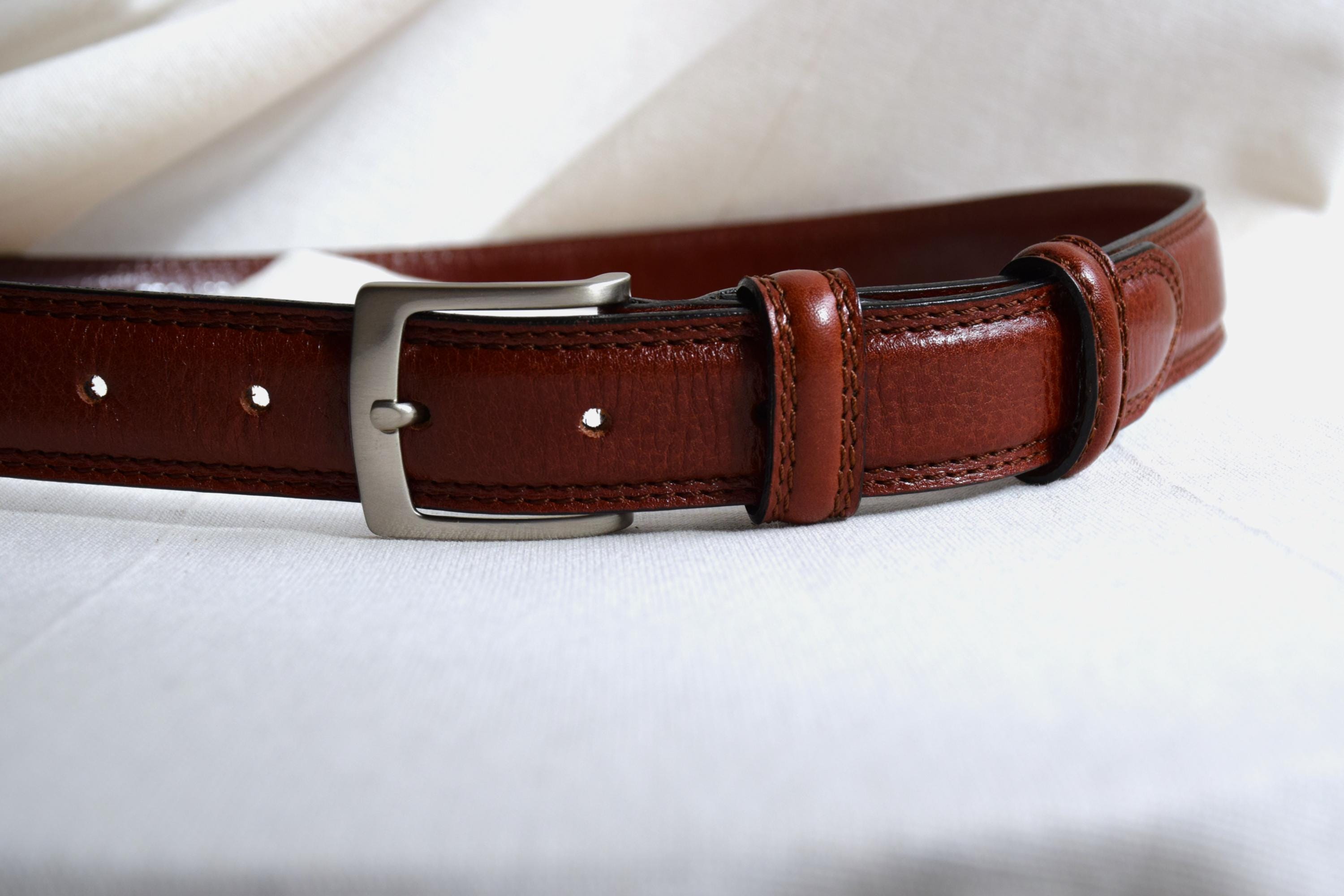 The Limited Genuine Leather Brown Narrow Dented Silver Buckle Belt Made in Italy Silver Square Brown Leather Dress Belt | Titanium Buckle main image 3