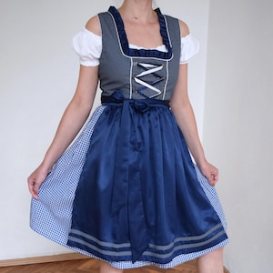 Vintage blue and white polka dot and gingham pattern Dirndl dress with apron, Oktoberfest folk festival dress, cottage core, M