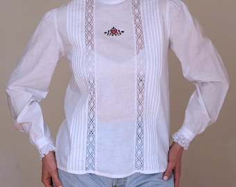 Vintage 80s Austrian Folk Blouse: White Lace Embroidery, High Neck - S