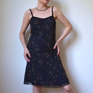 90s Laura Ashley Silk Slip Dress: Black Floral Velvet Trim, Size M