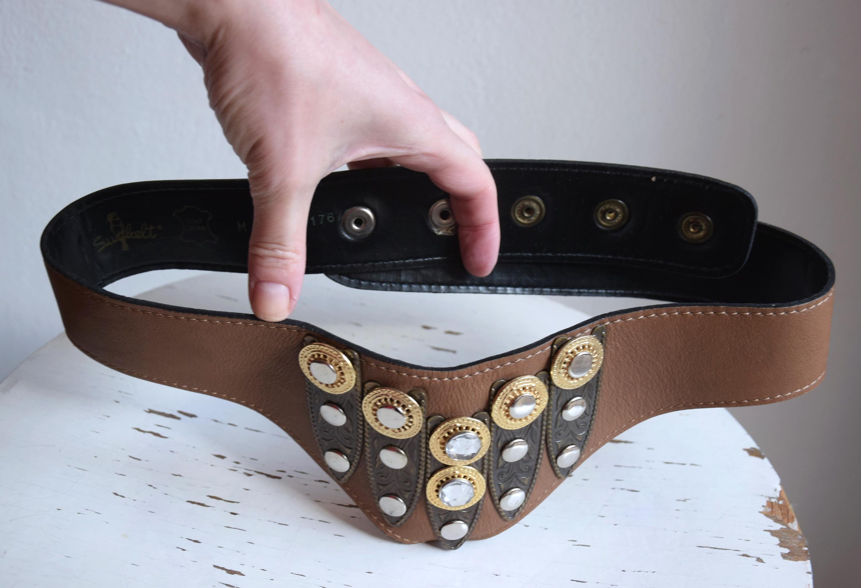 Vintage Wear Brown Crystal Embellished Belt Vintage Embellished Leather Belt: 80s-90s Western Studded  main image 3