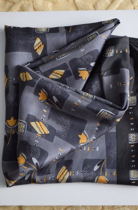 Vintage Y2K gray and yellow print silk scarf, abs… - image 1