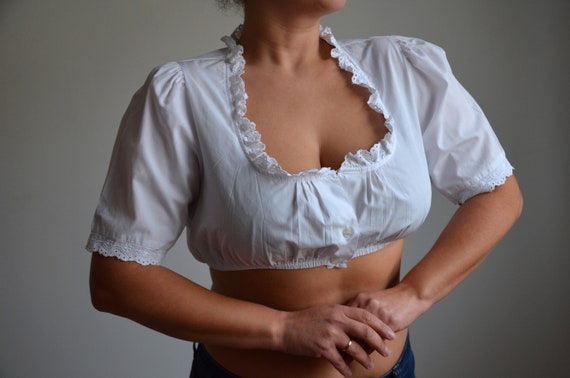 Vintage 90s Dirndl crop top, white folk blouse, b… - image 8