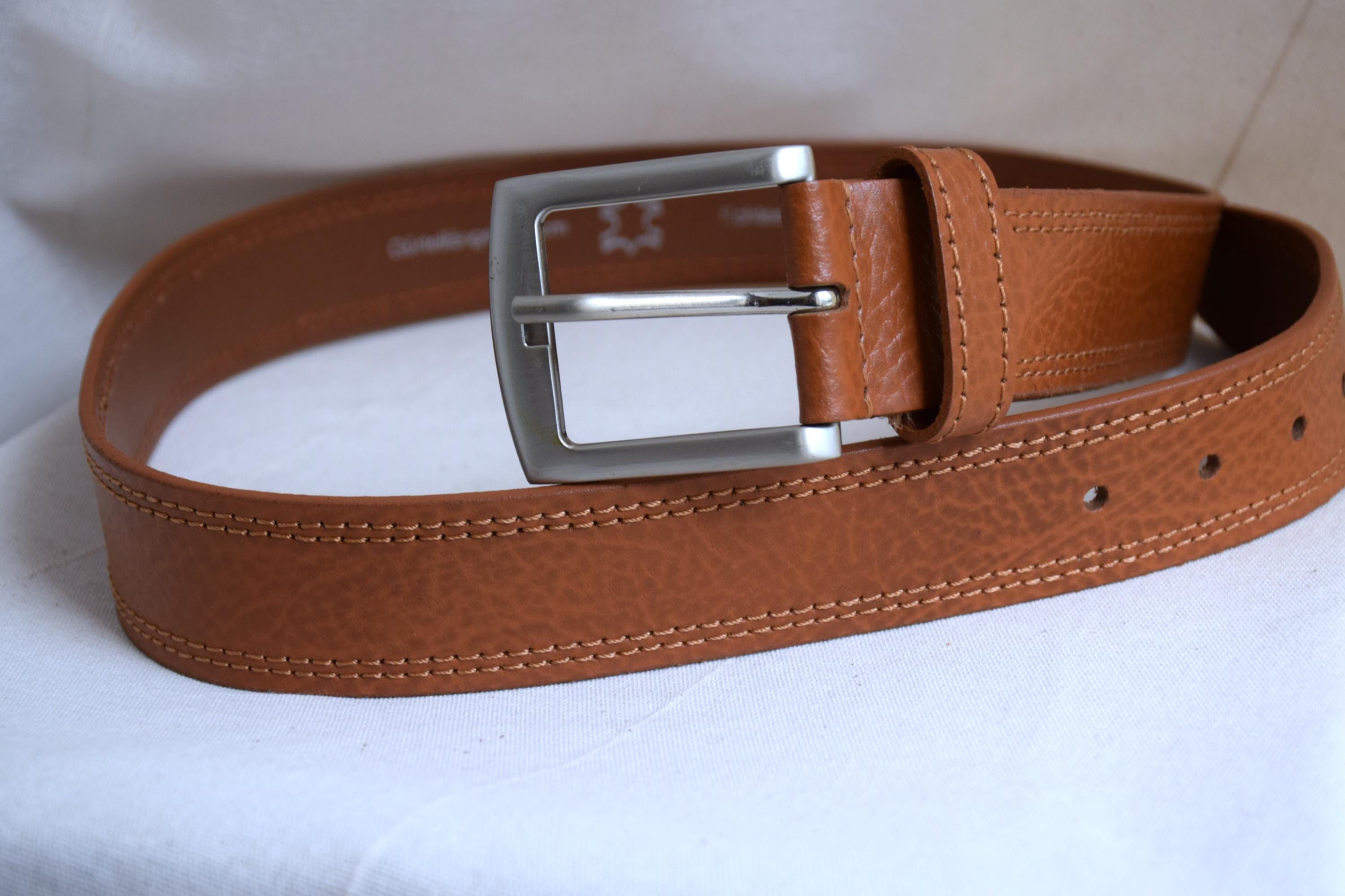 Vintage Y2K Tan Leather Belt: Silver Buckle, Men display picture 3