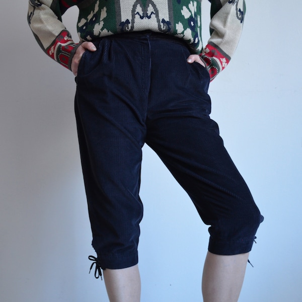 Vintage 80s dark blue capri corduroy pants, below the knee trousers, high waist corduroy breeches, S/M, 26 inch waist