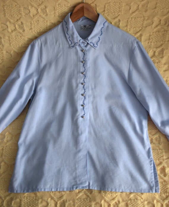 Vintage 90s embroidered blue folk blouse, Dirndl … - image 4