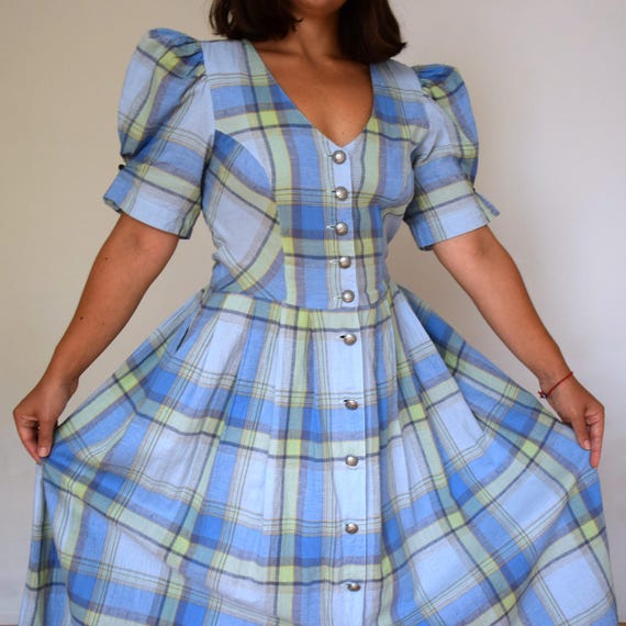 Vintage 90s Cotton Check Dress, Puff Sleeves, 38 EU / 8 US