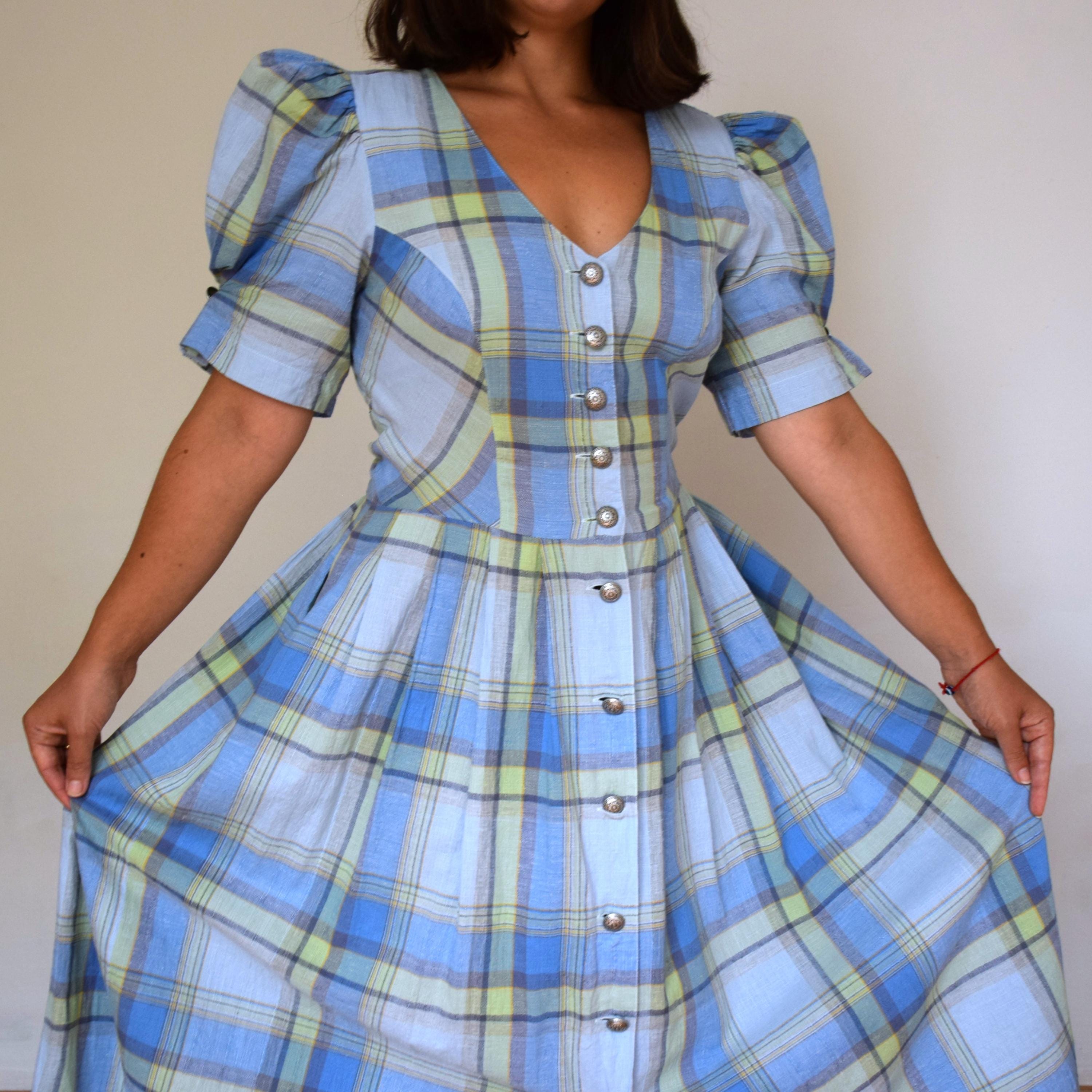 blue plaid dress with puff sleeves Blue Plaid V-Neck Puff Shoulder Midi Dress