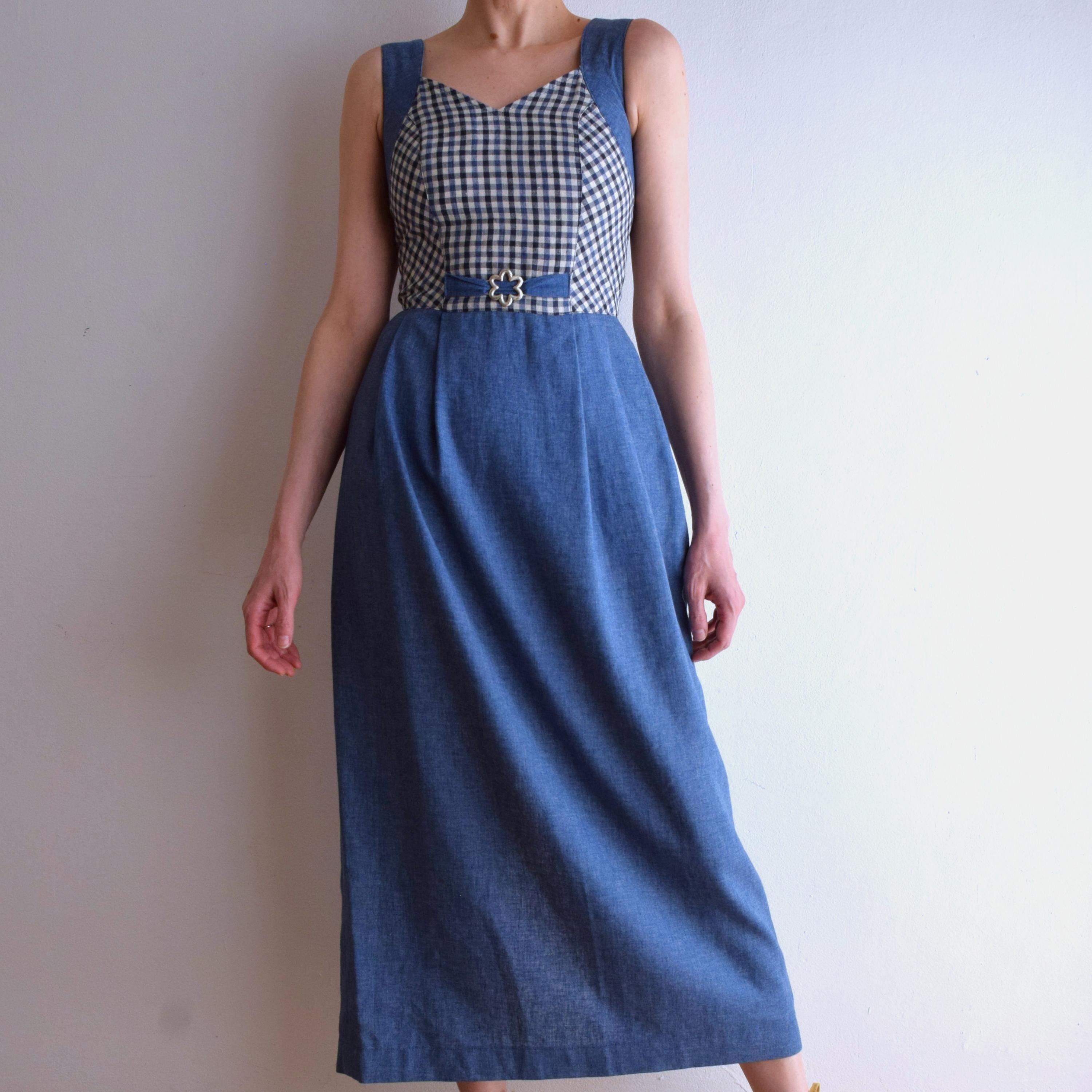 white christmas dresses Blue Gingham Corset Midi Dress with Slit