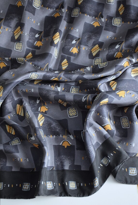 Vintage Y2K gray and yellow print silk scarf, abs… - image 5