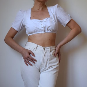 Vintage Cropped Dirndl Blouse: White Cotton Oktoberfest Top, Size 6 US