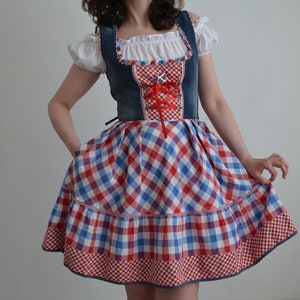 Vintage gingham dirndl dress, blue red and white check pattern dress with a denim corset, country / cowgirl dress, Oktoberfest dress, S
