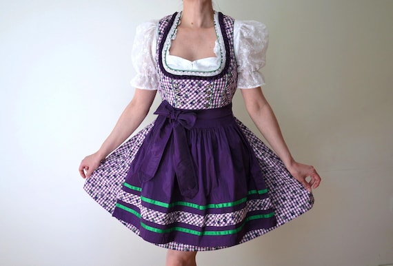 purple dirndl dress Vintage Folk Dirndl Dress: Purple Checkered Corset Oktoberfest Dress (M)