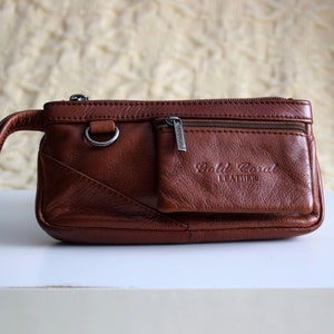 Vintage Y2K leather wristlet bag, cognac brown leather purse, small handbag or wrsitlet wallet zdjęcie 5