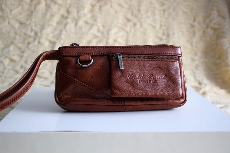 Vintage Y2K leather wristlet bag, cognac brown leather purse, small handbag or wrsitlet wallet zdjęcie 5