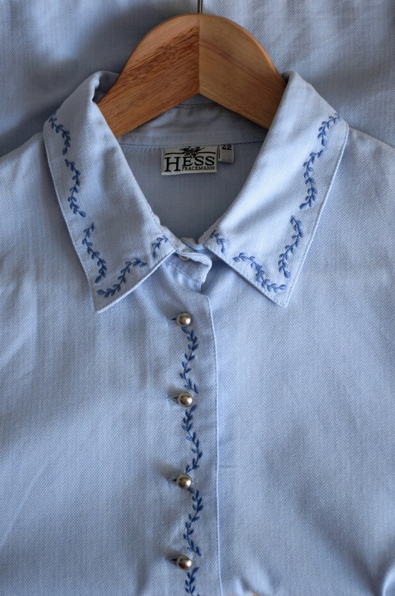 Vintage 90s embroidered blue folk blouse, Dirndl … - image 6