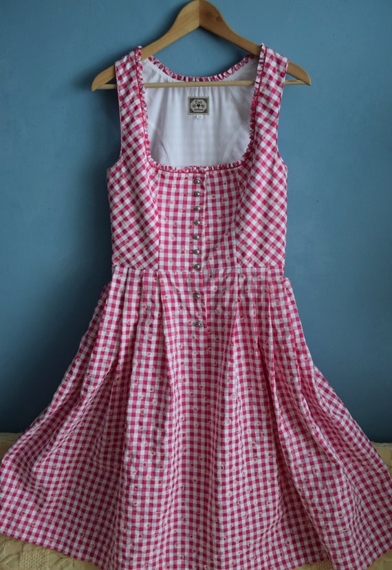 Vintage 90s Austrian folk dress, pink and white c… - image 6