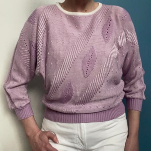 Vintage 80s Lavender Knit Sweater: Dolman Sleeve Pullover, Size M