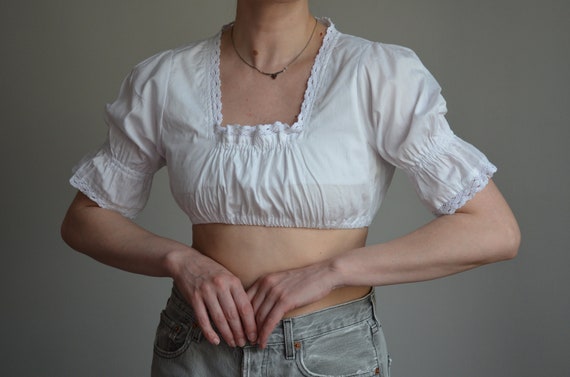 Vintage white cropped dirndl blouse, boho crop to… - image 1