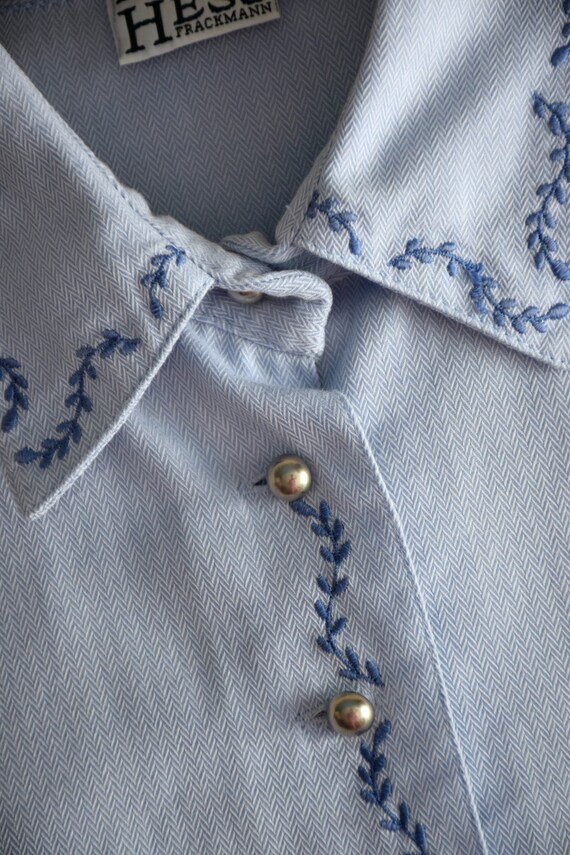 Vintage 90s embroidered blue folk blouse, Dirndl … - image 7