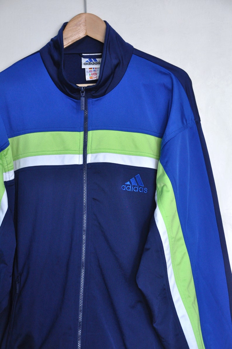 Vintage 90s Adidas Dark Blue and Neon Green Jacket Adidas - Etsy