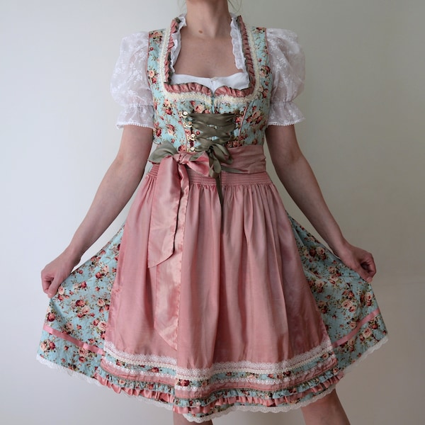 Vintage blue with peach pink roses Dirndl dress with an apron, floral corset Oktoberfest dress, Austrian festival dress, 40 EU