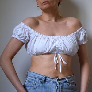 Vintage White Dirndl Crop Top: Off-Shoulder Boho Blouse, Oktoberfest