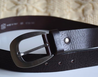 Vintage 90s Brown Leather Belt: Chunky Matte Silver Buckle, Made in Italy