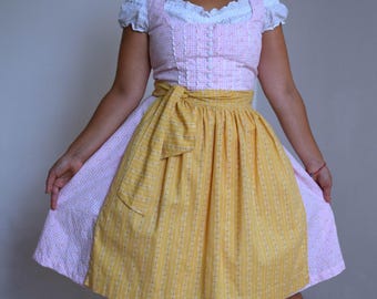 Vintage Floral Dirndl Dress: Pink Corset, Yellow Apron - Size 36 EU