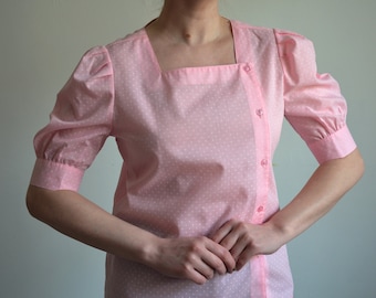 Blusa vintage de lunares de los años 80 con mangas abullonadas en rosa (talla 40 EU)