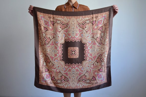 Vintage 1990s boho print silk scarf, big silk sca… - image 1