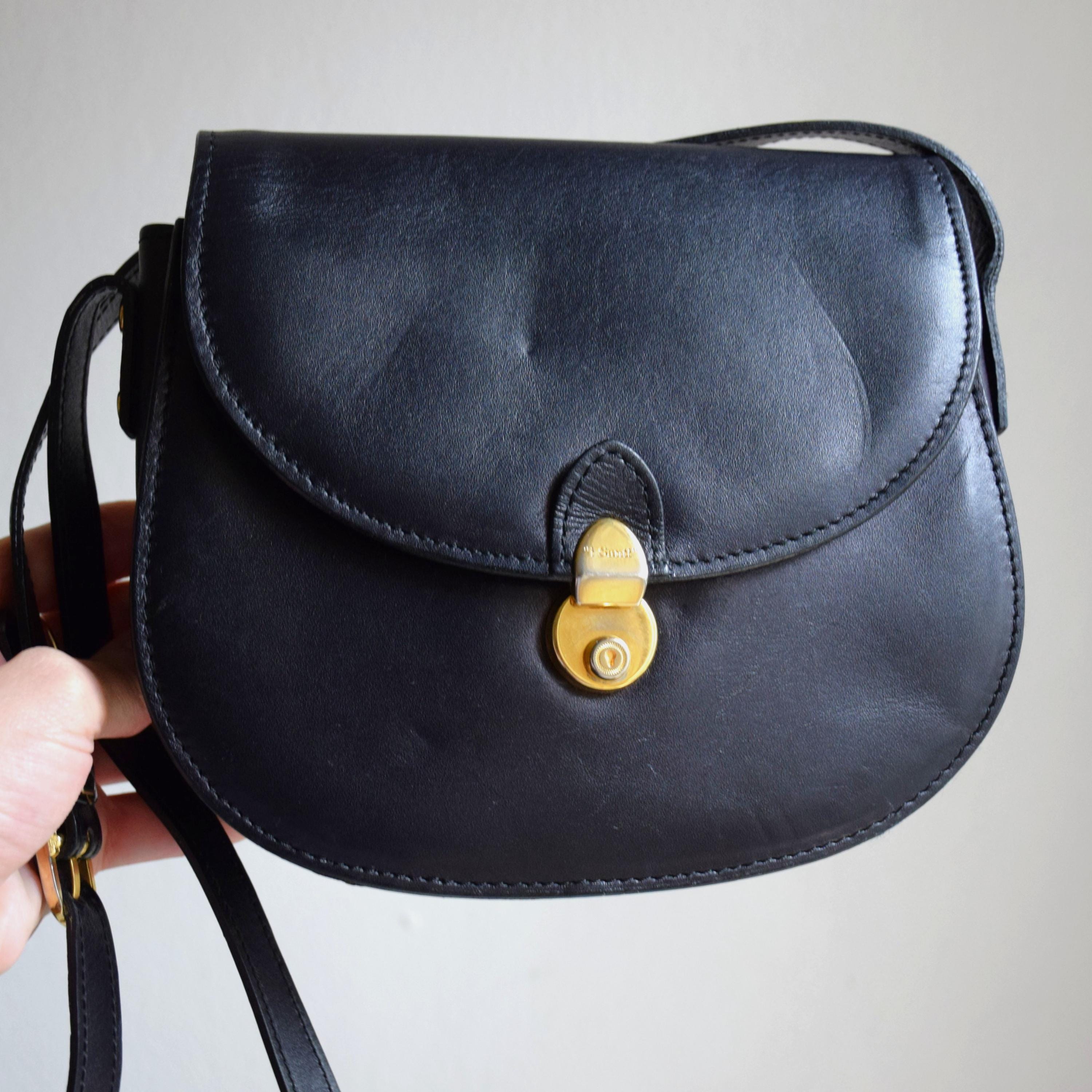 Vintage 80s Leather Crossbody Bag: Small Black Shoulder Bag, Made 
