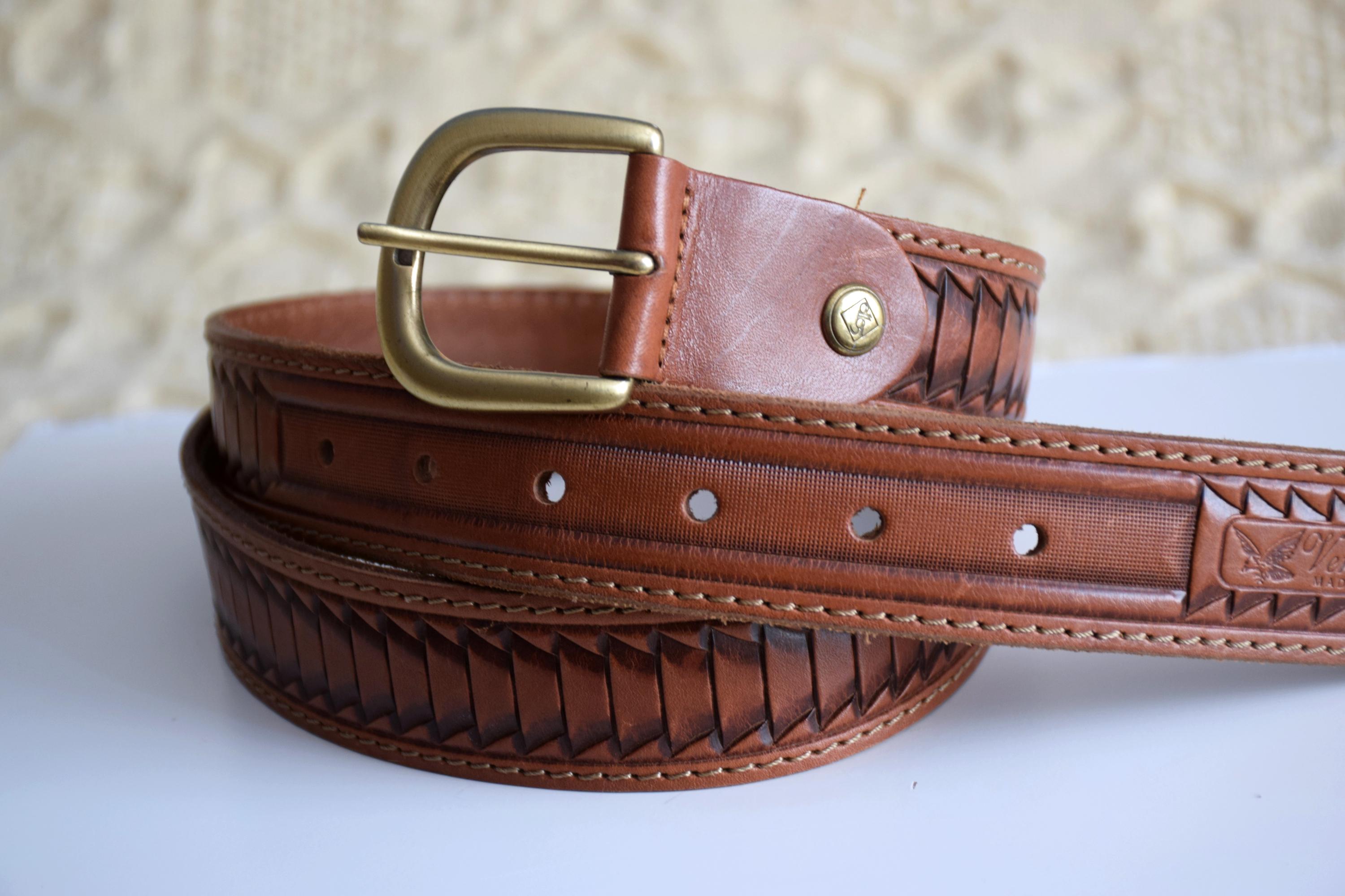 Vintage Cognac Brown Embossed Genuine Leather Belt Unisex Western Boho Vintage Cognac Leather Cowboy Belt: Full Grain Print, Steel  main image 3