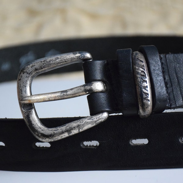 Vintage 80s black leather belt, chunky high waist grunge belt, aged silver metal belt buckle, Made in West Germany, 80 cm